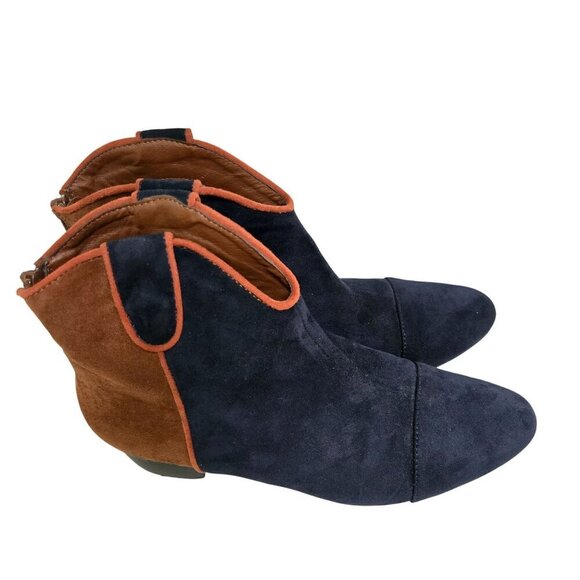 Vanessa Wu Anthropologie Colorblock Western Ankle Boots Navy Tan Size 39/9 - Picture 2 of 11
